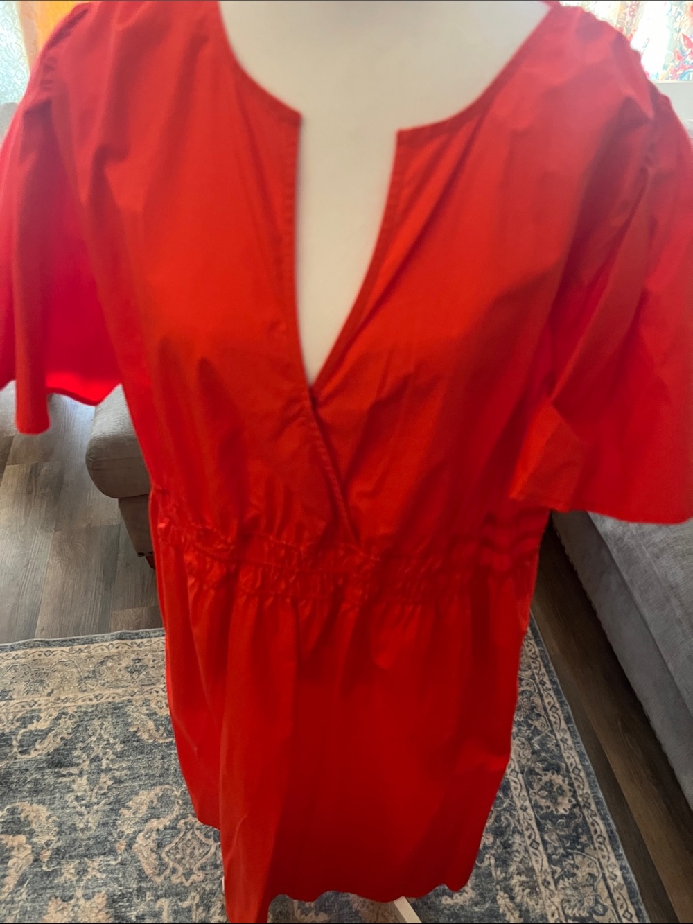 Ava Viv 100% Cotton Bright Red V-Neck Short Sleeve Dress New